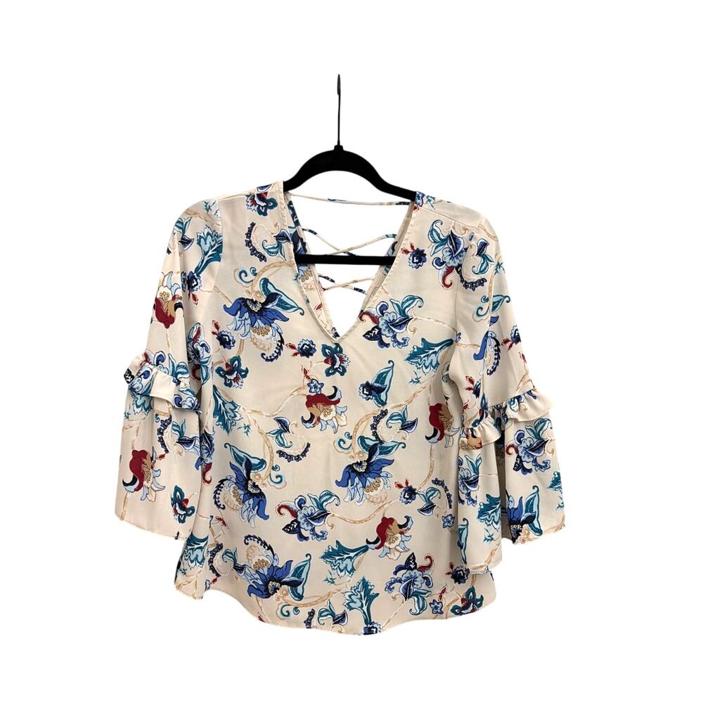 White House Black Market Floral Flowy Feminine Bell Sleeve Blouse Lace-up XS